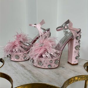 Azalea Wang Jewelled Pink Embellished chunky Heels 7